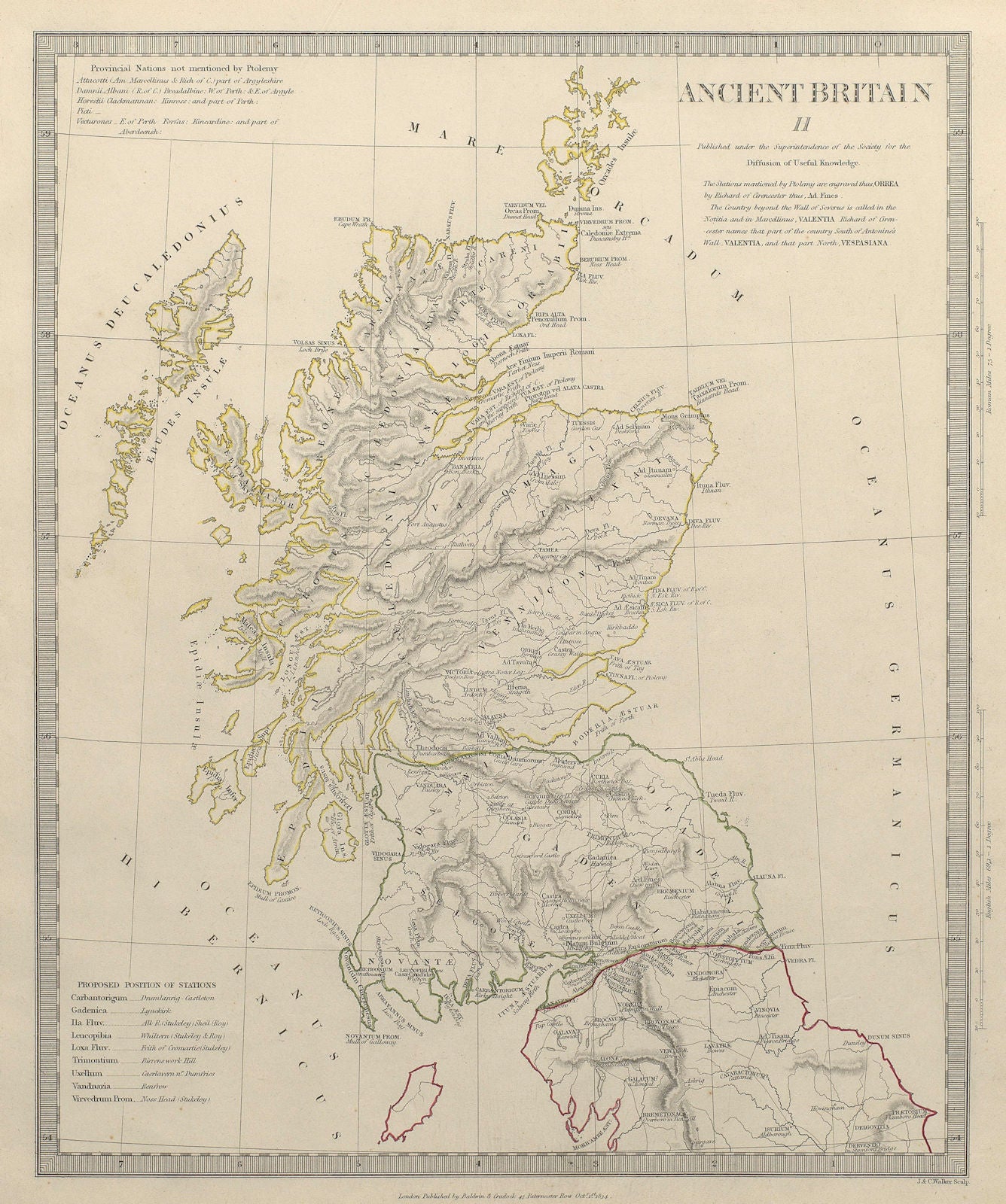 ANCIENT BRITAIN.Caledonia-Scotland.Roman road town names.Ptolemy.SDUK 1844 map